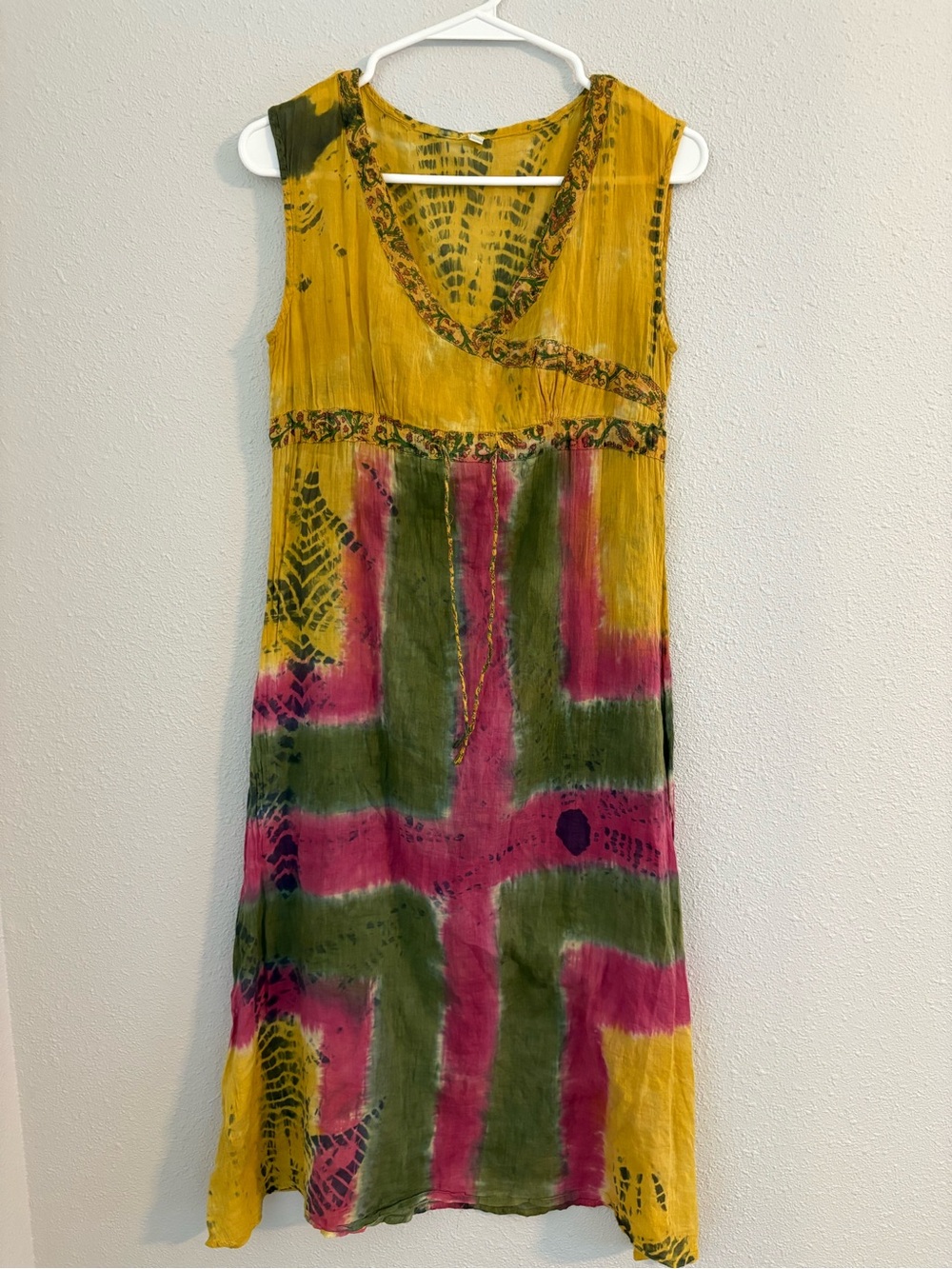 Urban Nomad Bohemian Tie-Dye Midi Dress in Yellow, Green & Pink (size S/M)
